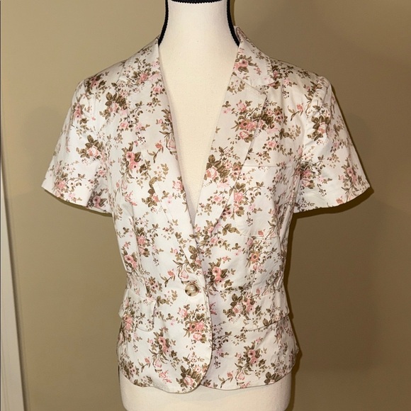 Smart Set Floral Blazer White Pink Green Short Sleeved Light Single Button Sz 9 - Picture 1 of 14
